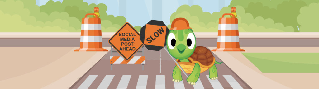 Cartoon turtle in construction gear at road crossing