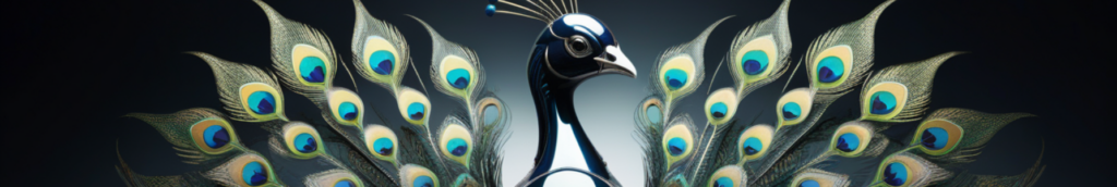 A robot -like peacock with wings spread wide apart.